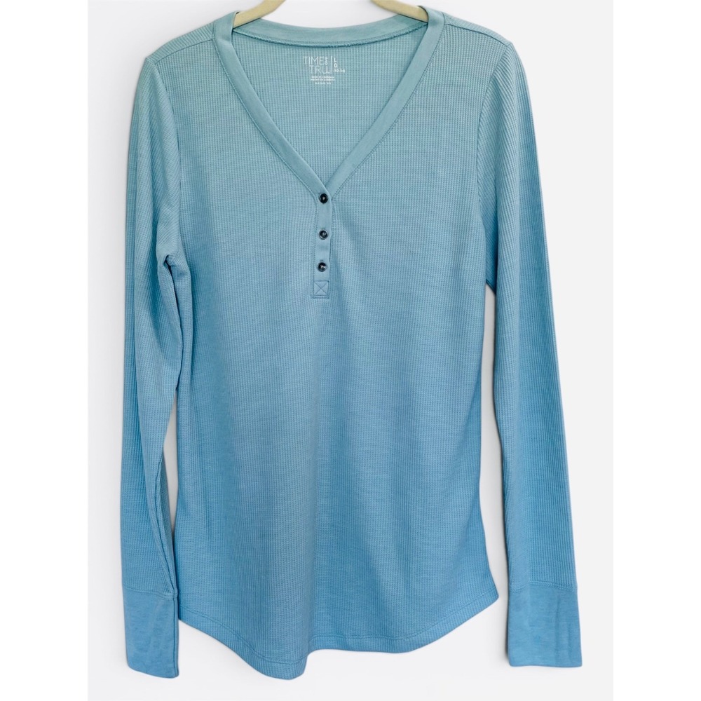 Time and Tru Womens Blue Waffle Knit Henley Long Sleeve Thermal Top Large 12-14